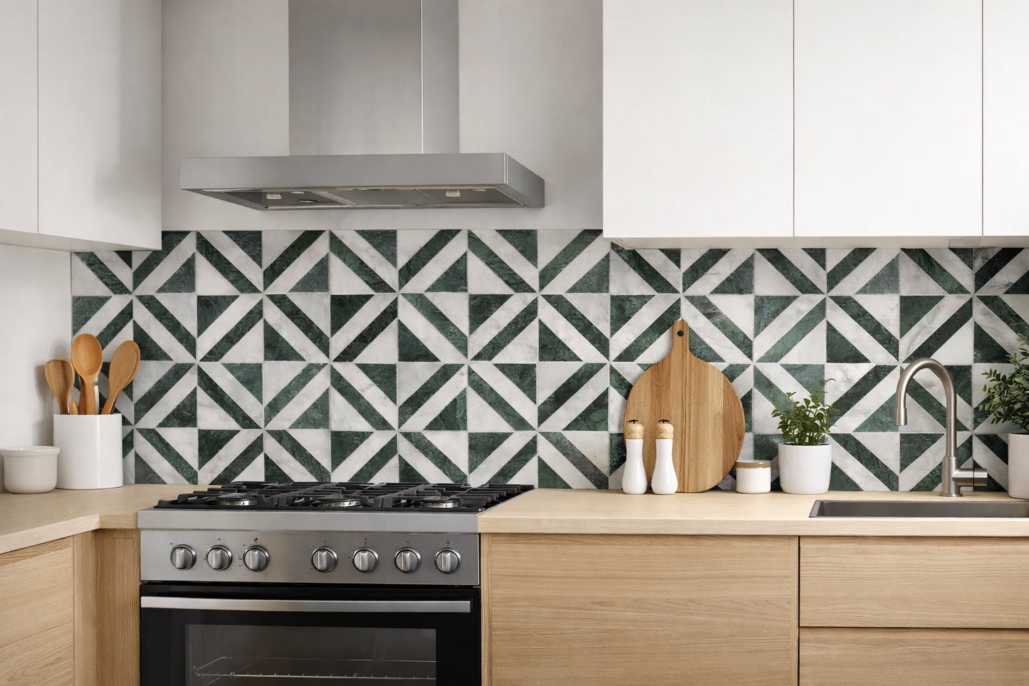 Jade Green & White Square Marble Mosaic Tile